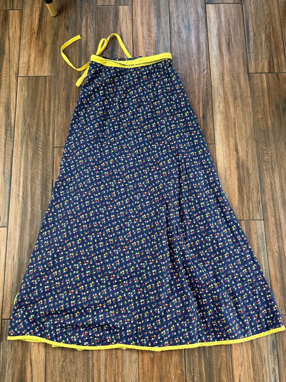 Vintage handmade wrap around maxi skirt. Blue floral yellow trim. Boho